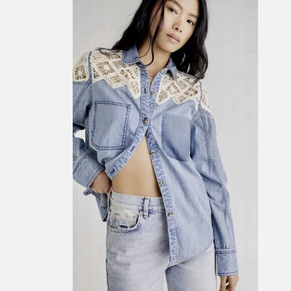 We The Free Denim Fields Top, Buttondown, Lace & Crochet, New, Small - Picture 2 of 7